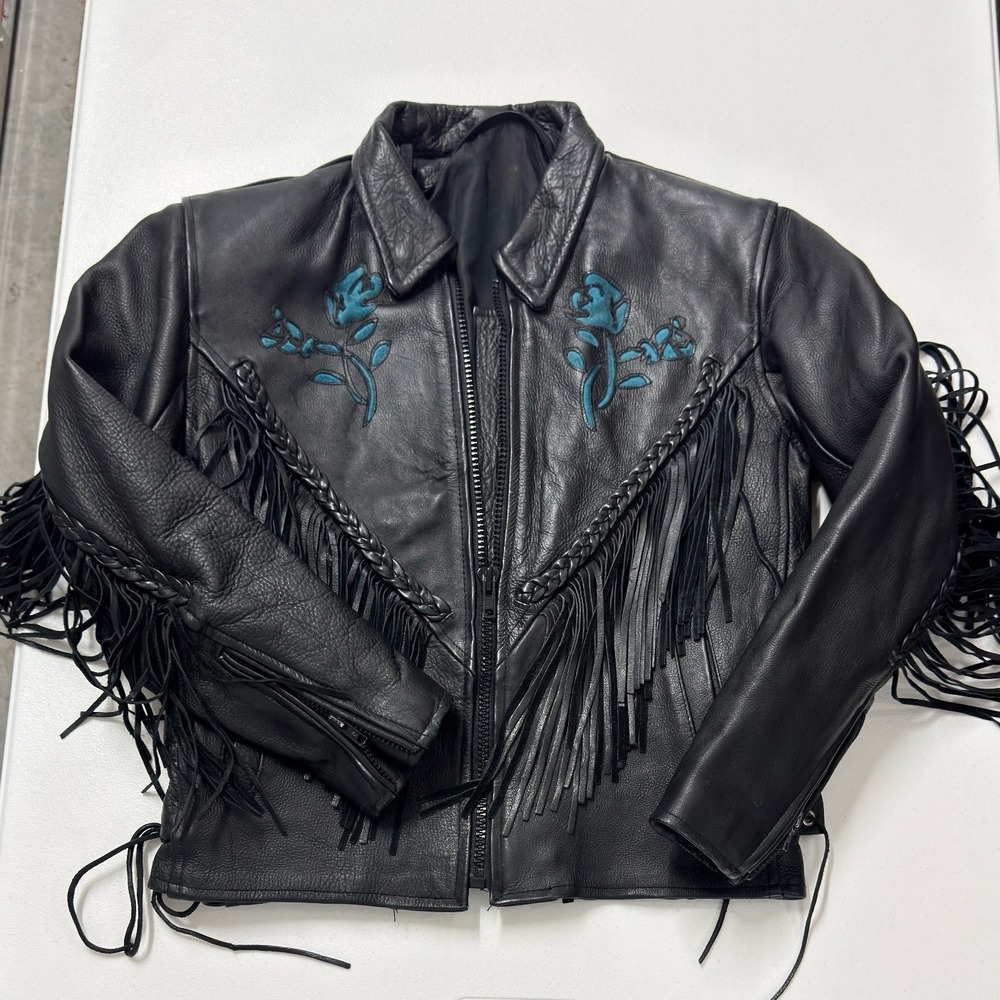 Unbranded Fringe Leather Jacket Womens M Black Excellent Rose Embroidered Biker
